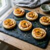 Tartelettes fines rondes aux pêches rôties et chèvre frais
